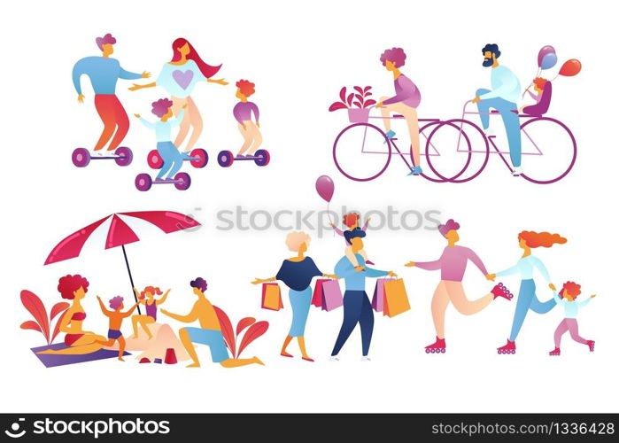 Happy Family Sparetime Activity Set Isolated on White Background. Father, Mother, Kids Spend Time Together Shopping, Riding Bike, Relaxing on Beach, Driving Hoverboard Cartoon Flat Vector Illustration. Happy Family Sparetime Activity Isolated on White.