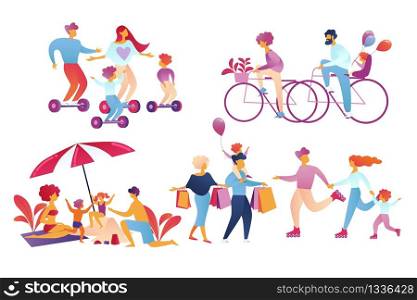Happy Family Sparetime Activity Set Isolated on White Background. Father, Mother, Kids Spend Time Together Shopping, Riding Bike, Relaxing on Beach, Driving Hoverboard Cartoon Flat Vector Illustration. Happy Family Sparetime Activity Isolated on White.