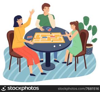 Happy family spend time at home. People playing in table game with cards, labyrinth. Mother, daughter, father play together at home. Indoors home activity, hobby. Relationships of parents and kids. Mother, daughter, father play together at home, happy family spend leisure time together at home