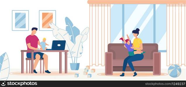 Happy Family Spending Time at Home Together, Parents with Kids, Father Working on Laptop with Baby on Hands, Mother Playing with Daughter Sitting on Sofa, Sparetime. Cartoon Flat Vector Illustration. Happy Family Spending Time at Home, Parents, Kids