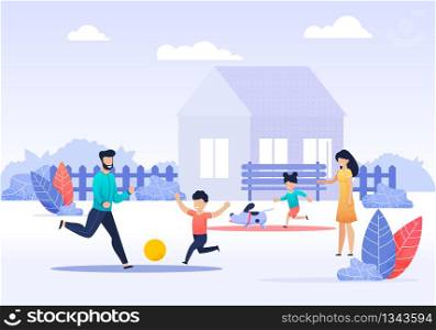 Happy Family Spending Time on Backyard Cartoon. Father and Son Paying Ball. Mother Controlling Little Daughter Running Fast with Dog. Recreational Activities in Garden Vector Flat Illustration. Happy Family Spending Time on Backyard Cartoon