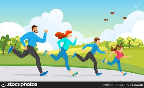 Happy Family Sport Activity. Mother, Father and Kids Exercising, Running in Raw in Park or Countryside at Morning. Dad, Mom, Son and Daughter Fitness Healthy Lifestyle Cartoon Flat Vector Illustration. Happy Family Sport Activity. Running Exercise