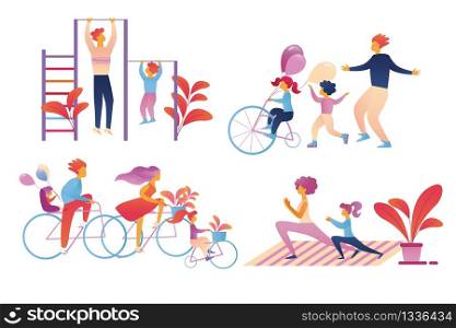 Happy Family Sport Activity Set Isolated on White Background. Father, Mother and Kids Exercising, Riding Bikes, Dad and Son Pull up on Bar, Mom and Daughter at Fitness Cartoon Flat Vector Illustration. Happy Family Sport Activity Set Isolated on White.
