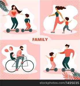 Happy Family Sports Activity, Leisure and Spare Time Together Set, Healthy Lifestyle, Father, Mother and Kids Riding Hoverboards, Rollers and Bicycle in City Park Cartoon Flat Vector Illustration. Happy Family Sports Activity, Leisure Spare Time