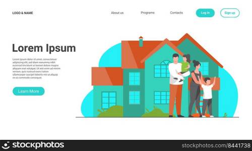 Happy family standing together in front of house flat vector illustration. Cartoon people posing for picture outside. Happiness and love concept.