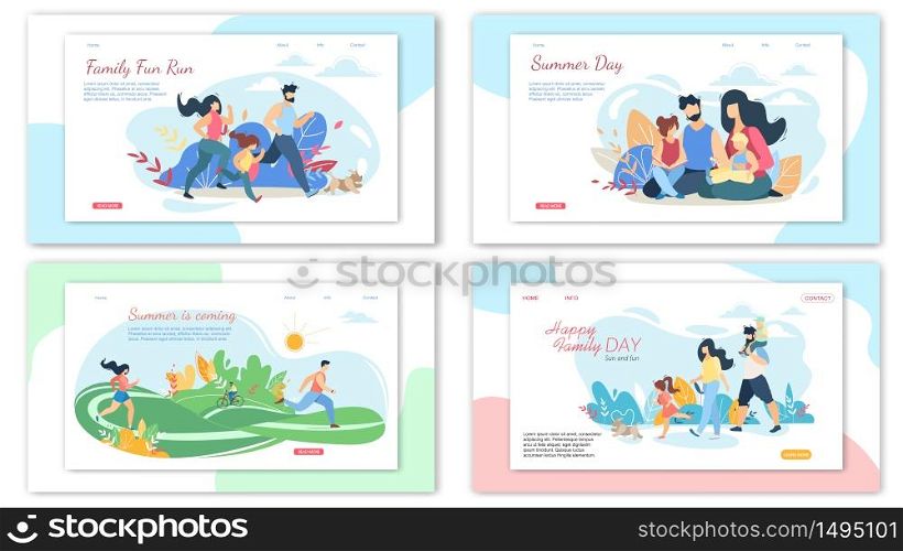 Happy Family Summer Activities Banner Set. Parents and Children Spend Time Together Outdoors at Summertime. Picnic, Walking and Running in City Park, Picnic, Leisure, Cartoon Flat Vector Illustration. Happy Loving Family Summer Activities Banner Set