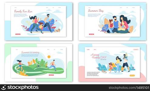 Happy Family Summer Activities Banner Set. Parents and Children Spend Time Together Outdoors at Summertime. Picnic, Walking and Running in City Park, Picnic, Leisure, Cartoon Flat Vector Illustration. Happy Loving Family Summer Activities Banner Set