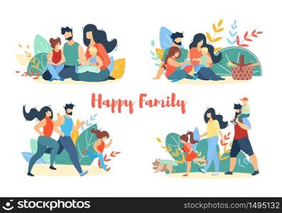 Happy Family Summer Activities Banner Set. Picnic, Walking and Running in City Park, Picnic, Leisure. Parents and Children Spend Time Together Outdoors at Summertime. Cartoon Flat Vector Illustration. Happy Family Summer Banner Set. Picnic, Walking