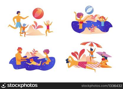 Happy Family Summer Vacation Set Isolated on White Background. Summer Time Scenes of Leisure of Father, Mother and Children. People Relax on Beach Swimming and Playing Cartoon Flat Vector Illustration. Happy Family Summer Vacation Set Isolated on White