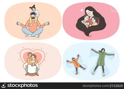 Happy family time and relaxation concept. Set of young happy families with children enjoying time together meditating hugging playing lying on snow vector illustration. Happy family time and relaxation concept