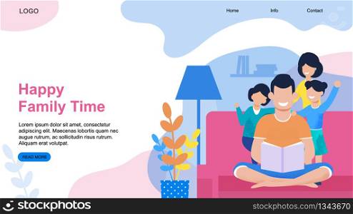 Happy Family Time at Home Landing Page Flat Template. Smiling Father and Mother with Daughters. Daddy Reading Fairy Tail for Children Sitting on Sofa in Living Room. Vector Cartoon Illustration. Happy Family Time at Home Landing Page Template