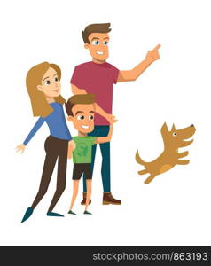 Happy Family Together Flat Vector Concept with Parents Enjoying Time Together, Holding Sons Hand, Walking with Dog, Father Pointing with Finger on Something Illustration Isolated on White Background