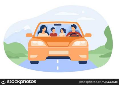 Happy family travelling in automobile isolated flat vector illustration. Front view of cartoon father, mother, son and daughter in car. Vacation and weekend concept