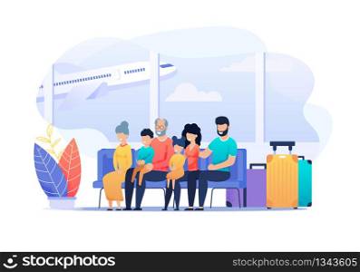 Happy Family Trip Motivation Cartoon. Grandparents, Married Couple with Children Sitting at Departure Arrival in Airport and Waiting for Airplane. Traveling Together. Flat Vector Illustration. Happy Family Trip Motivation Cartoon Illustration