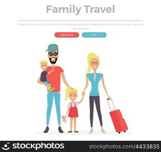 Happy family trip traveling. Parents with their children going for vacations. Concept in flat design. Travel, family vacation, family, family airport, family holiday, family trip