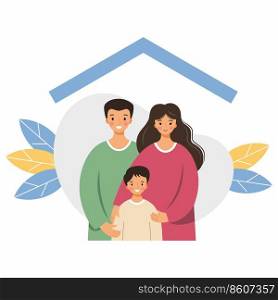 Happy family under roof of house. Self isolation. Purchase of real estate. Family mortgage.