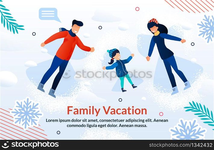 Happy Family Vacation and Joyful Time Advertising Flat Poster. Cartoon Cheerful Father, Mother and Daughter Characters Having Fun Lying on Soft Show Enjoying Winter Holidays. Vector Illustration. Happy Family Vacation and Joyful Time Ad Poster