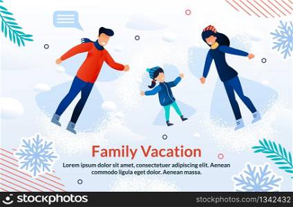Happy Family Vacation and Joyful Time Advertising Flat Poster. Cartoon Cheerful Father, Mother and Daughter Characters Having Fun Lying on Soft Show Enjoying Winter Holidays. Vector Illustration. Happy Family Vacation and Joyful Time Ad Poster
