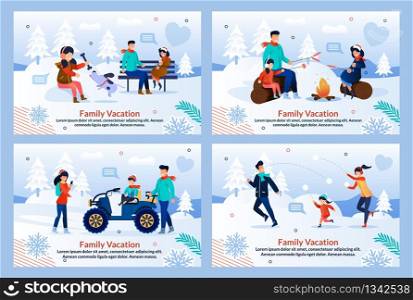 Happy Family Vacation on Winter Holiday Flat Banner Set. Father, Mother and Children Rest in Snowy Park. Outdoors Activities. Walk with Dog, Picnic, Funny Recreation. Vector Cartoon Illustration. Family Vacation on Winter Holiday Flat Banner Set