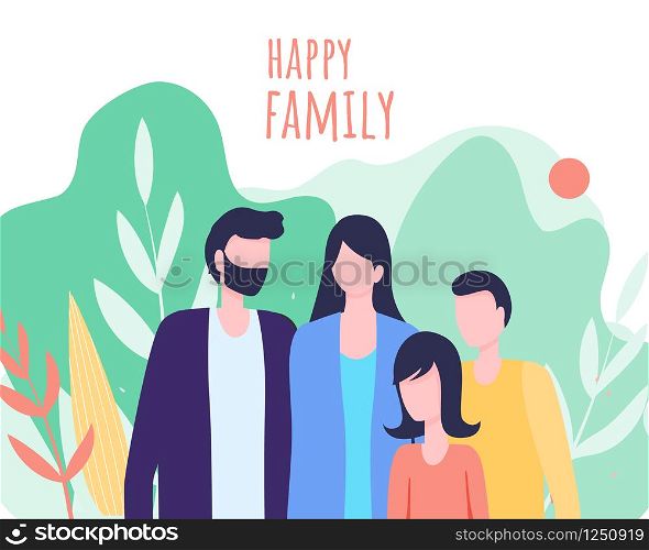 Happy Family Vector Illustration. Father Mother Daughter Son Family Values Cartoon Character People Together Outdoor Holiday Celebration. Mom Dad Parents Children Relationship Love Care. Father Mother Daughter Son Family Together Outdoor