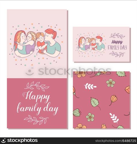 Happy family. Vector illustration.. Happy family. International holiday Family Day. Vector illustration, greeting card. Mom, dad, son and daughter. Seamless floral pattern.