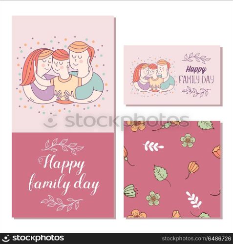 Happy family. Vector illustration.. Happy family. International holiday Family Day. Vector illustration, greeting card. Mom, dad and son. Seamless floral pattern.