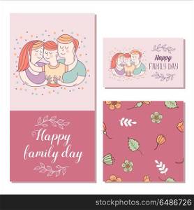 Happy family. Vector illustration.. Happy family. International holiday Family Day. Vector illustration, greeting card. Mom, dad and son. Seamless floral pattern.