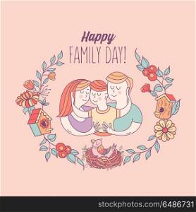 Happy family. Vector illustration.. Happy family. International holiday Family Day. Vector illustration, greeting card. Mom, dad and son. Flower frame.