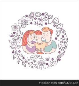 Happy family. Vector illustration.. Happy family. International holiday Family Day. Vector illustration, greeting card. Mom, dad and son. Flower frame.