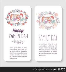 Happy family. Vector illustration.. Happy family. International holiday Family Day. Vector illustration, greeting card. Mom, dad, son and daughter. Flower frame.