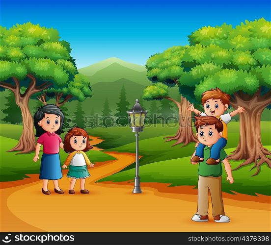 Happy family walk in a forest