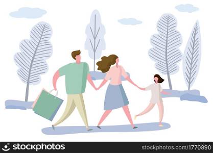 Happy Family walking after shopping.Male with shopping bags,trendy style design,flat vector illustration