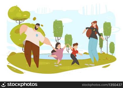 Happy Family Walking Around City Park. Father, Mother, Son and Daughter Spend Time Together Outdoors on Summer Time Weekend or Vacation. Active Leisure, Relations. Cartoon Flat Vector Illustration. Happy Family Walk Around City Park Active Leisure