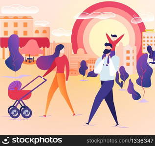 Happy Family Walking at City Street. Young Mother Pushing Baby Carriage, Little Son Sitting at Fathers Shoulders on Urban Sunset Background. Man, Woman and Kid Weekend Cartoon Flat Vector Illustration. Family Walking Together at City Street on Weekend.