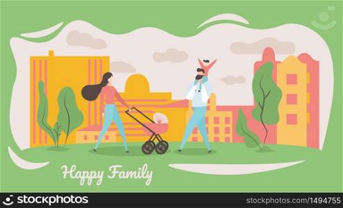 Happy Family Walking at City Street. Young Mother Pushing Baby Carriage, Little Son Sitting at Fathers Shoulders on Urban Sunset Background. Man, Woman and Kid Weekend Cartoon Flat Vector Illustration. Happy Family Walking at City Street. Woman and Kid