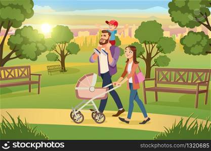 Happy Family Walking in City Park Cartoon Vector. Mother Strolling with Pink Baby Carriage, Father Riding Preschooler Boy on Shoulders at Path Among Trees Illustration. Millennial Parents Day Off Walk