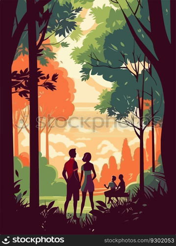 Happy family walking in park. Poster in retro style. Vector illustration.. Happy family walking in park. Poster in retro style. Vector illustration