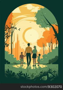 Happy family walking in park. Poster in retro style. Vector illustration.. Happy family walking in park. Poster in retro style. Vector illustration