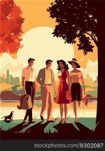 Happy family walking in park. Poster in retro style. Vector illustration.. Happy family walking in park. Poster in retro style. Vector illustration
