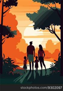 Happy family walking in park. Poster in retro style. Vector illustration.. Happy family walking in park. Poster in retro style. Vector illustration