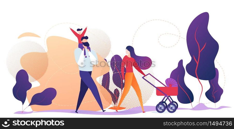 Happy Family Walking Outdoors in City Park. Young Mother Pushing Baby Carriage, Little Son Sitting at Dads Shoulders. Love, Human Relations, Weekend Sparetime, Leisure Cartoon Flat Vector Illustration. Happy Family Walking Outdoor in City Park. Weekend