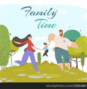 Happy Family Walking Outdoors. Young Mother and Dad Holding Hands of Little Son Playing and Relaxing. Love, Human Relations, Weekend Spare Time, Leisure Cartoon Flat Vector Illustration, Square Banner. Happy Family Walking Outdoors. Spare Time, Leisure
