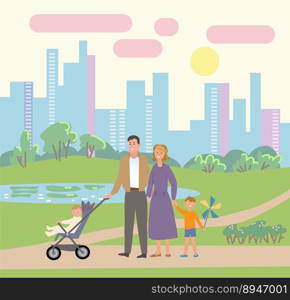 Happy family walks around the city park. Father, mother, son and daughter together outdoors. Vector illustration in cartoon style