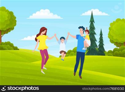 Happy family walks on light green lawn, field, trees, green deciduous bushes. Countryside, spring or summer time of year. Family spend time together. Cartoon design for banners, sites. Flat image. Father, mom and kid walk on countryside. Bushes, trees, summer landscape. Cartoon flat nature image