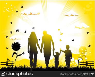 Happy family walks on nature, sunset