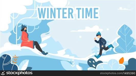 Happy Family Winter Time on Christmas Xmas Vacation Flat Poster. Woman and Boy, Mother with Son Having Fun, Riding Down on Snow Hill. Cartoon Natural Design. Vector Snowy Forest Illustration. Happy Winter Time on Xmas Vacation Flat Poster