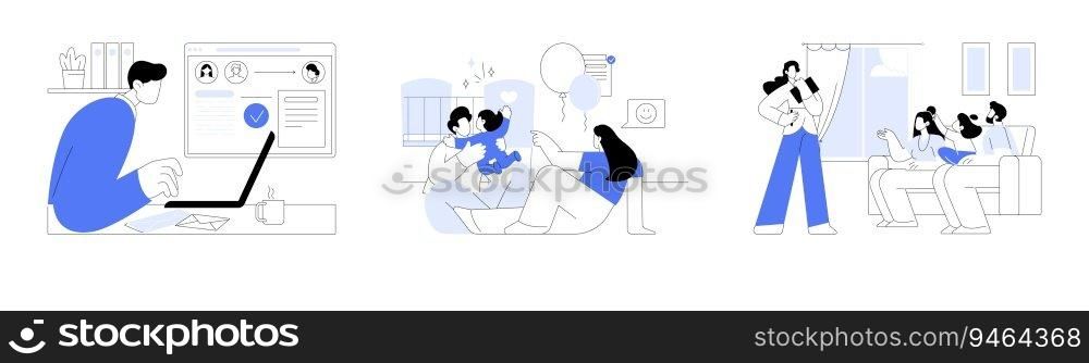 Happy family with adopted child abstract concept vector illustration set. Prepare adoption legal documents, adopted child moving in, social worker visit, government representative abstract metaphor.. Happy family with adopted child abstract concept vector illustrations.