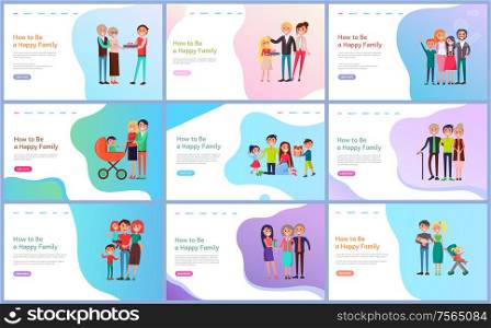 Happy family with baby carriage, children and parents giving present to relatives. Web page decorated by mother and father with daughter and son vector. Members of Family, Parents and Children Vector