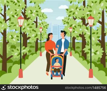 Happy family with baby stroller in the park. Man, woman and child walk along the alley in the city garden. Green trees, lanterns, smiling parents and son. Flat vector cartoon illustration.