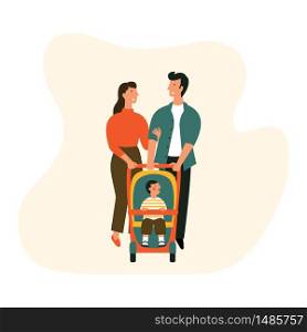 Happy family with baby stroller. Man, woman and a child together on a walk. Smiling cartoon characters. Vector flat illustration.